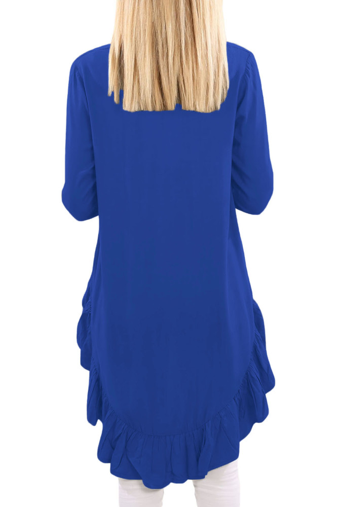 Blue V Neck Longer Frilled Hemline Back Top