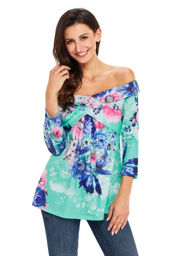 Mint Floral Off Shoulder Crisscross Top