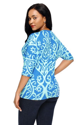 Royal Blue Aqua Damask Print Half Sleeve Top