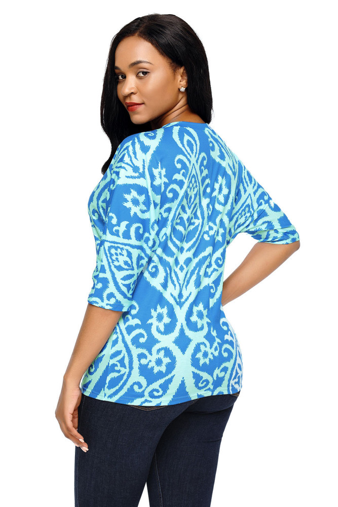 Royal Blue Aqua Damask Print Half Sleeve Top