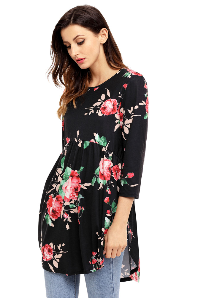 Black Babydoll Floral Tunic Top
