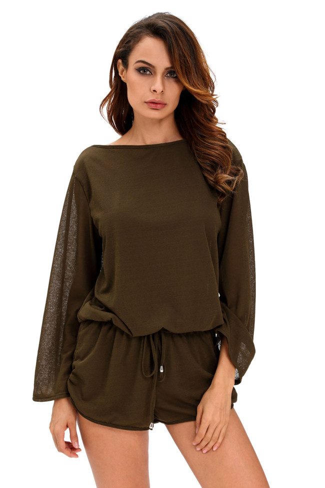 Army Green Oversize Bodice Long Sleeve Hollow-out Back Romper