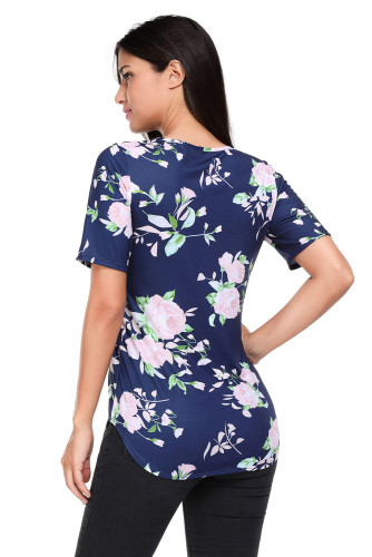 Deep Blue Super Soft Floral Tee Shirt with Crisscross Neck
