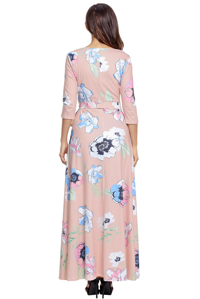 Light Pink Floral Print Wrapped Long Boho Dress