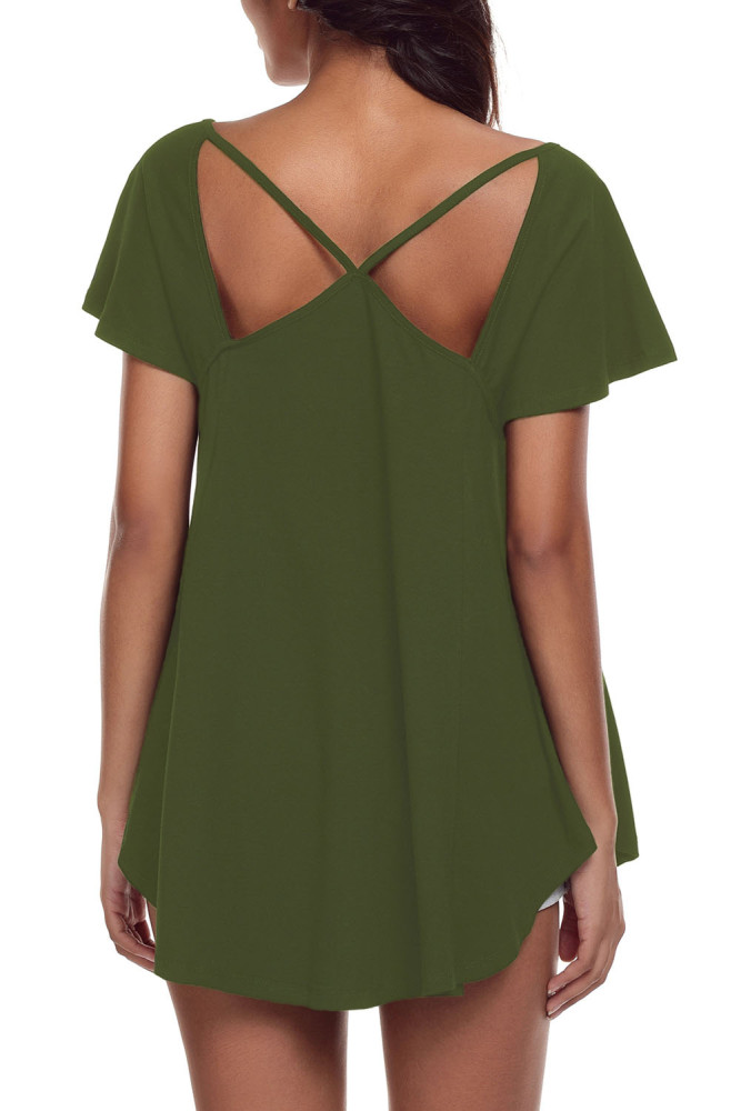 Olive Green Cutout Cold Shoulder Flowy Top