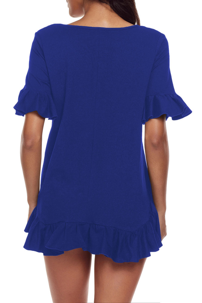 Royal Blue Ruffle Trim Short Sleeve Flowy Top