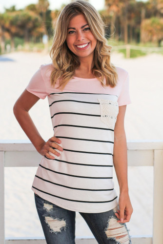 Pink Splice Striped Short Sleeve T-shirt