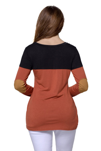 Black Orange Color Block Patch Insert Long Sleeve Blouse Top