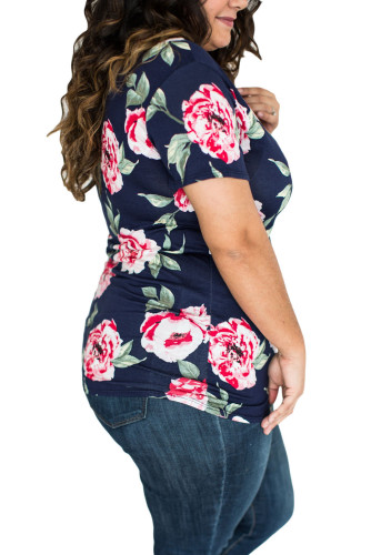 Short Sleeve Round Neck Full-blown Floral Printed T-shirt