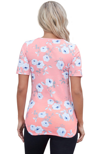 Pink Super Soft Floral Tee Shirt with Crisscross Neck
