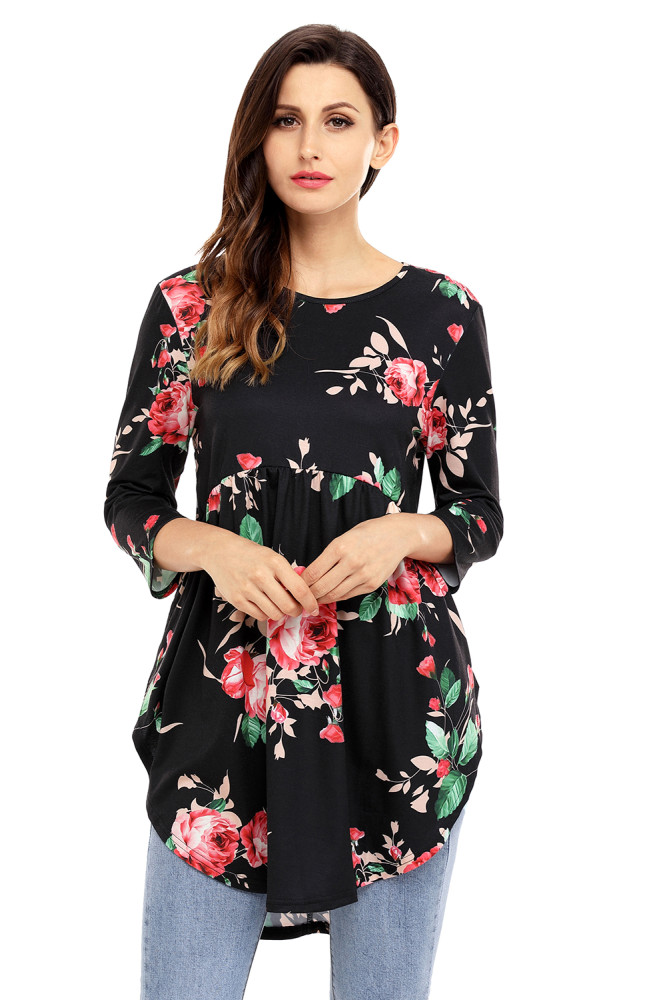 Black Babydoll Floral Tunic Top