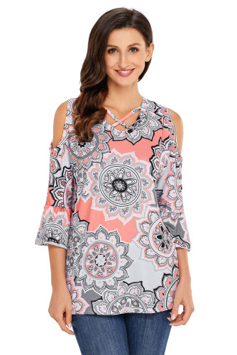 Gray Cold Shoulder Criss Cross Floral Blouse