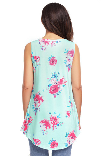 Cyan Blooms Floral Print Sleeveless Babydoll Tank