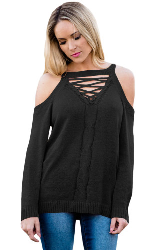 Black Cold Shoulder Lace up Detail Knit Sweater Top