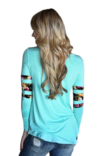 Light Blue Floral Print Splice Sleeve Pullover Blouse