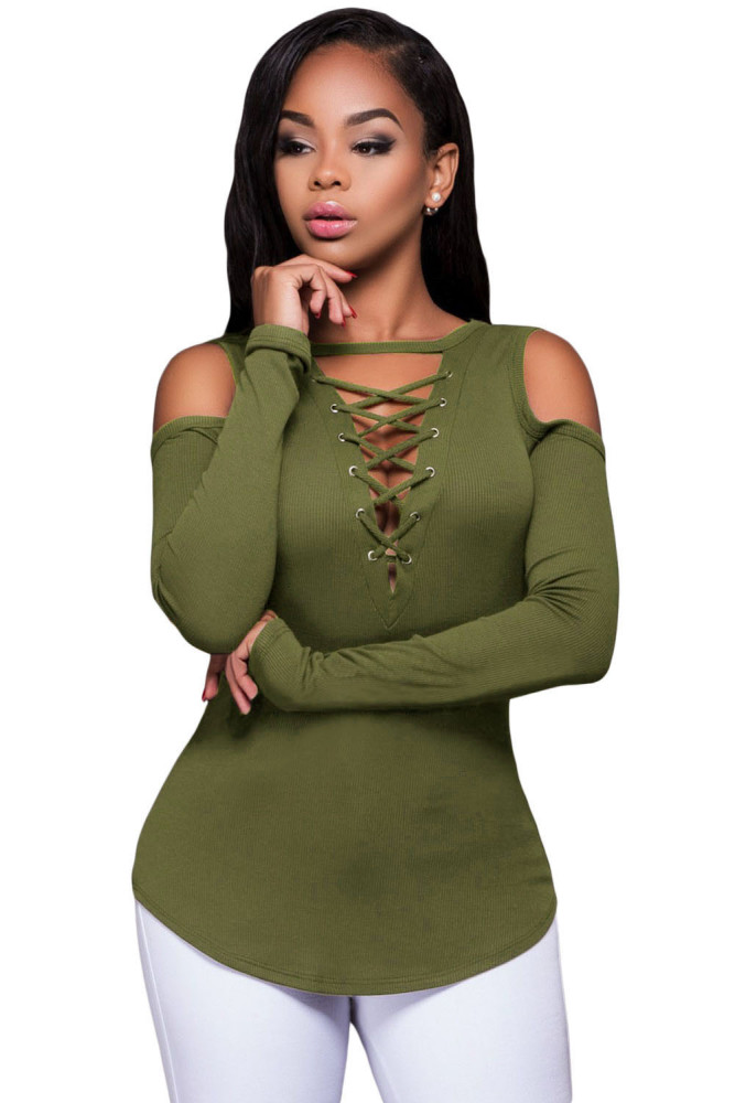 Army Green Long Sleeve Cut-out Shoulder Ribbed Top