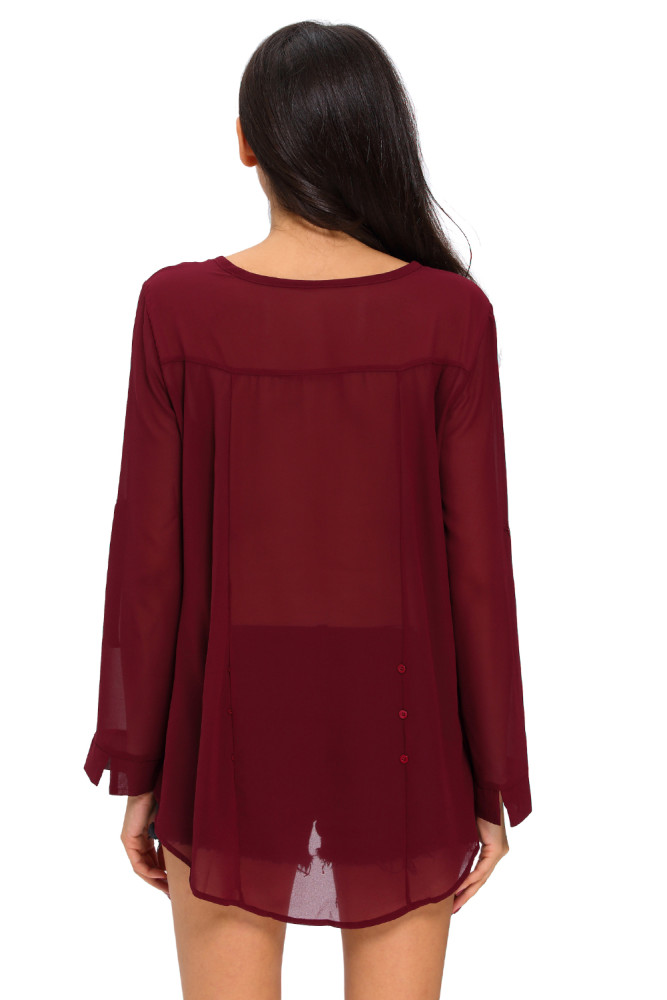 Burgundy V-Neck Button Detail Dip Back Blouse Top