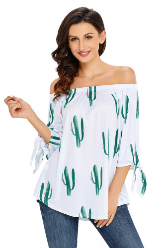 Cactus Print Elastic Off Shoulder Top
