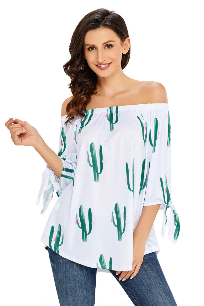 Cactus Print Elastic Off Shoulder Top