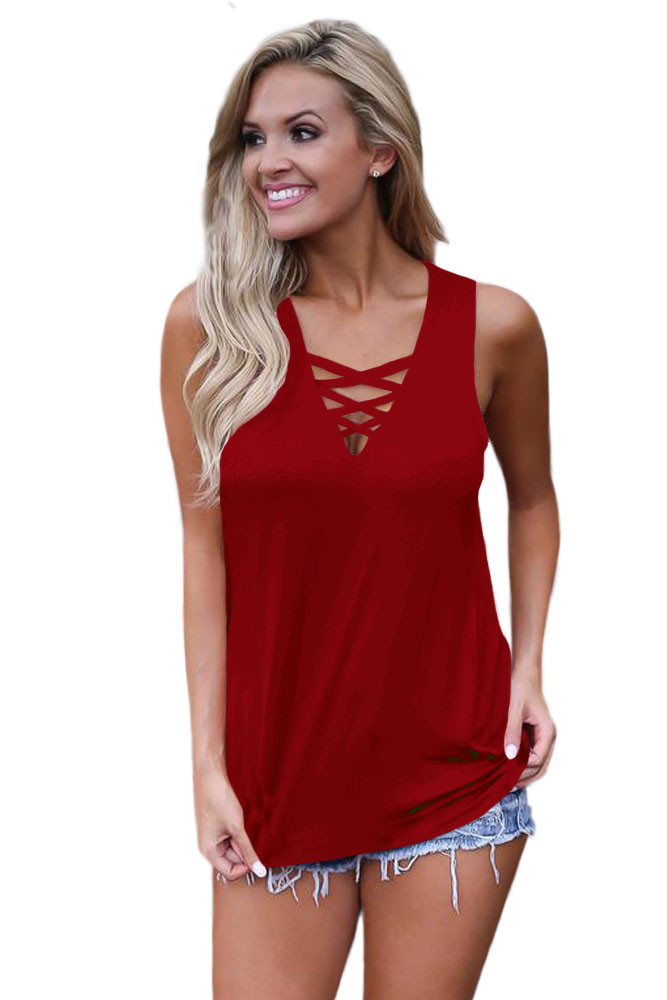 Burgundy Crisscross V Neckline Women Tank Top