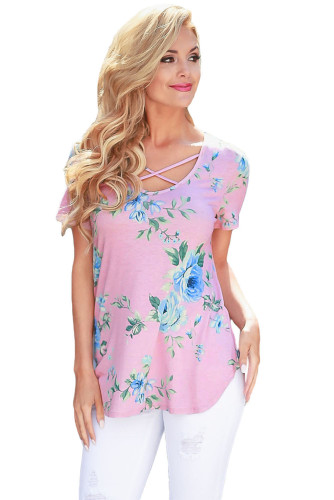 Light Pink Super Soft Floral Tee Shirt with Crisscross Neck