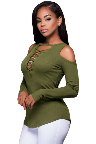 Army Green Long Sleeve Cut-out Shoulder Ribbed Top