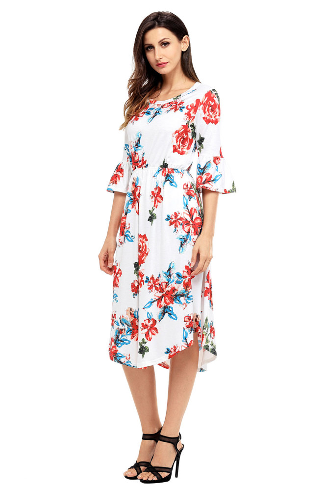 White 3/4 Bell Sleeve Floral Midi Dress