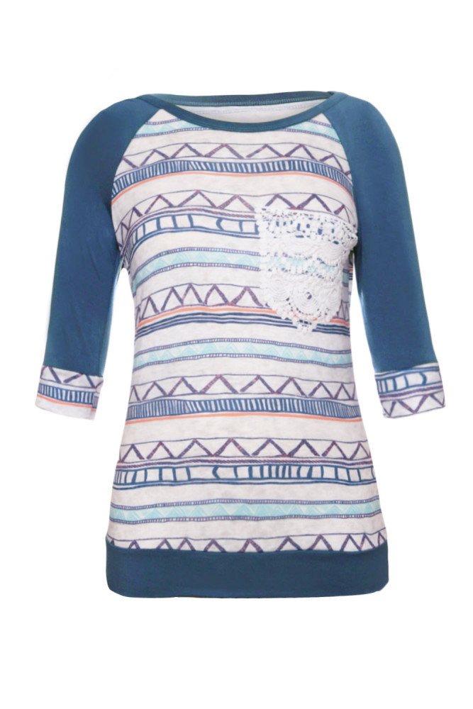 Blue Raglan Sleeve Lace Pocket Detail Printed Top