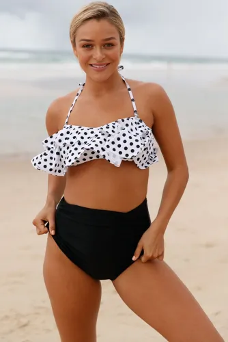White Polka Dot Black Retro Boho Flounce High Waist Swimsuit