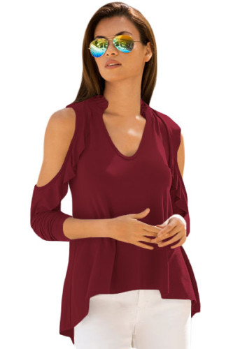 Burgundy Cold Shoulder Ruffle Top