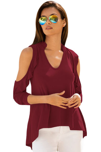 Burgundy Cold Shoulder Ruffle Top