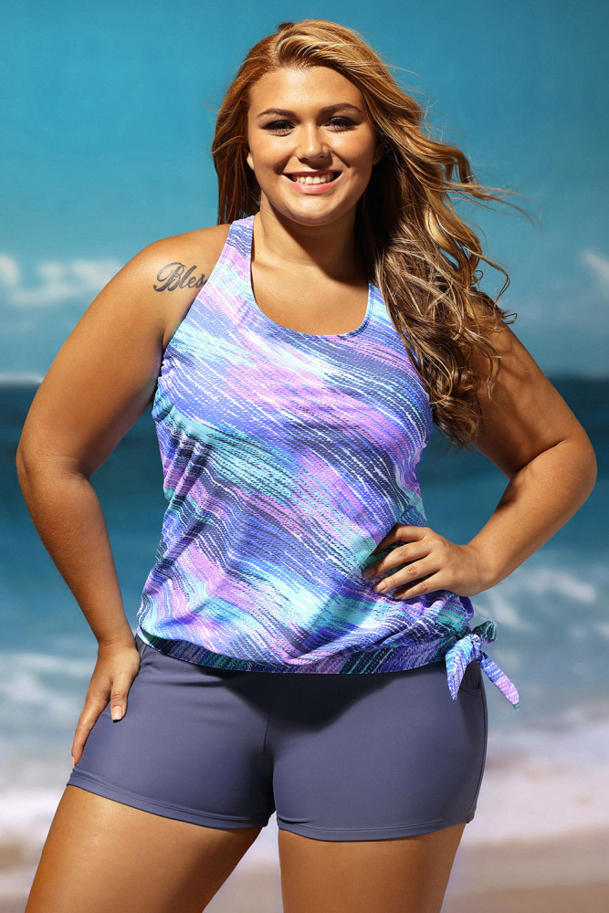 Bluish Print Blouson Tankini with Grey Swim Bottom