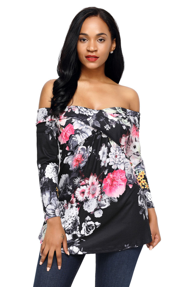 Dark Floral Off Shoulder Crisscross Top