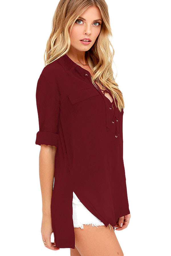 Burgundy Long Sleeve Lace-up Top