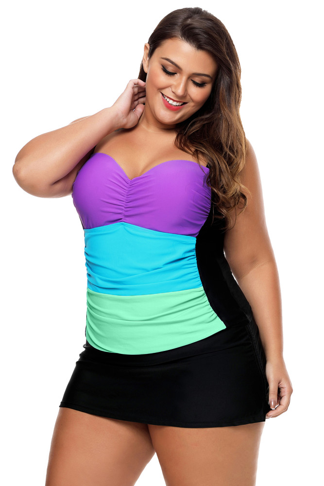 Purple Colorblock Bandeau Tankini Black Skort Set