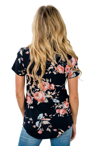 Black Short Sleeve Round Neck Floral Printed T-shirt
