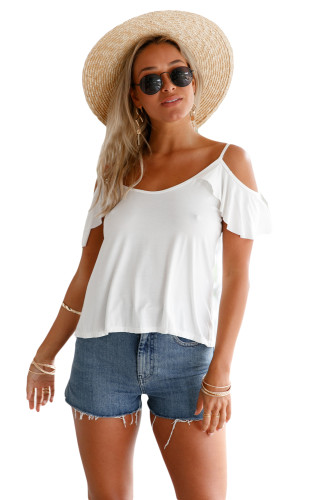 White Crisscross Back Ruffle Cold Shoulder Top