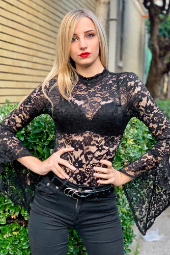 Black Sheer Floral Lace Long Bell Sleeve Bodysuit