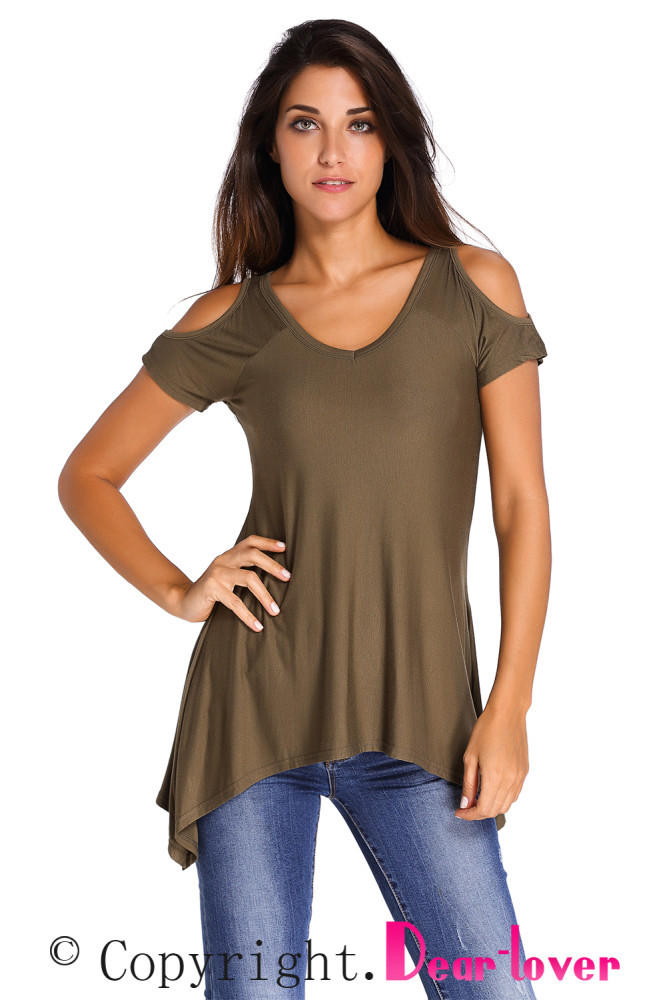 Army Green V Neck Cold Shoulder Swing Top