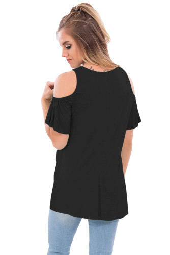 Black Crisscross Front Cold Shoulder Ruffle Sleeve Top