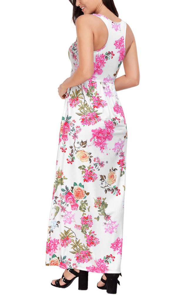 Light Mint Floral Print Sleeveless Long Boho Dress