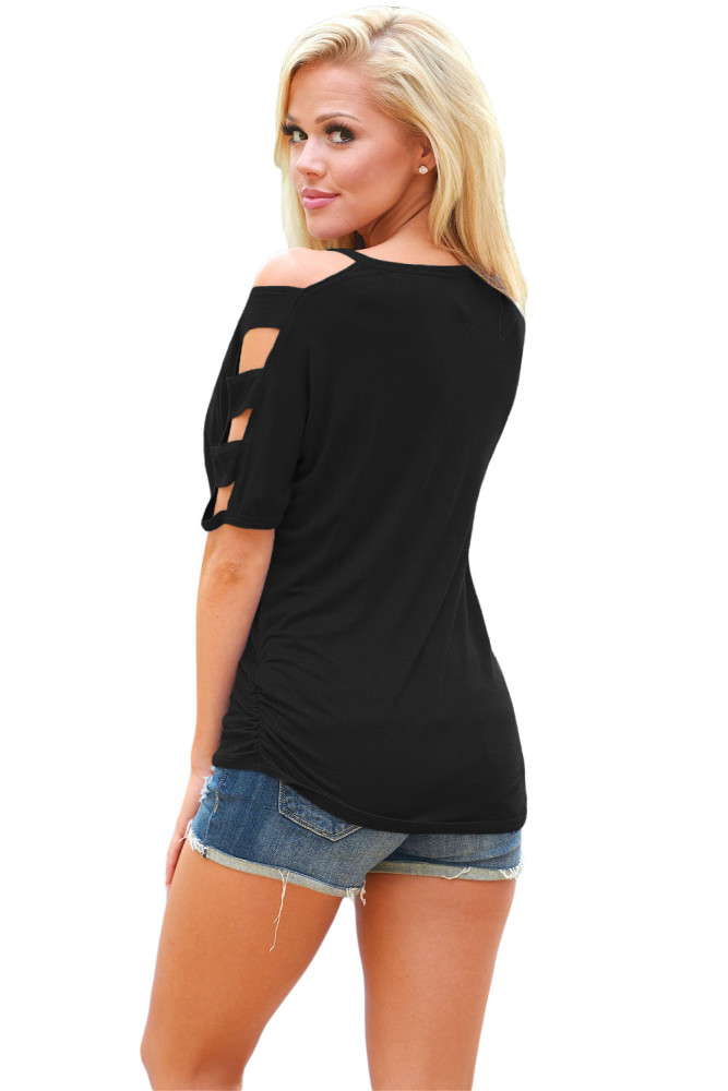 Black Cold Shoulder Ruched Sides T-shirt