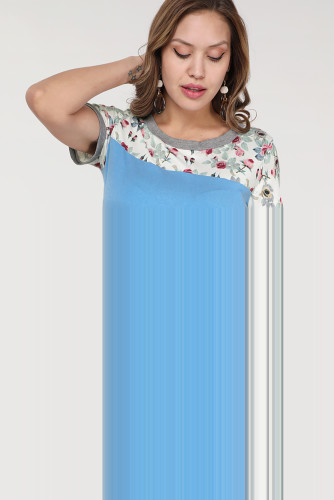Floral Print Blue Gray Colorblock T-shirt