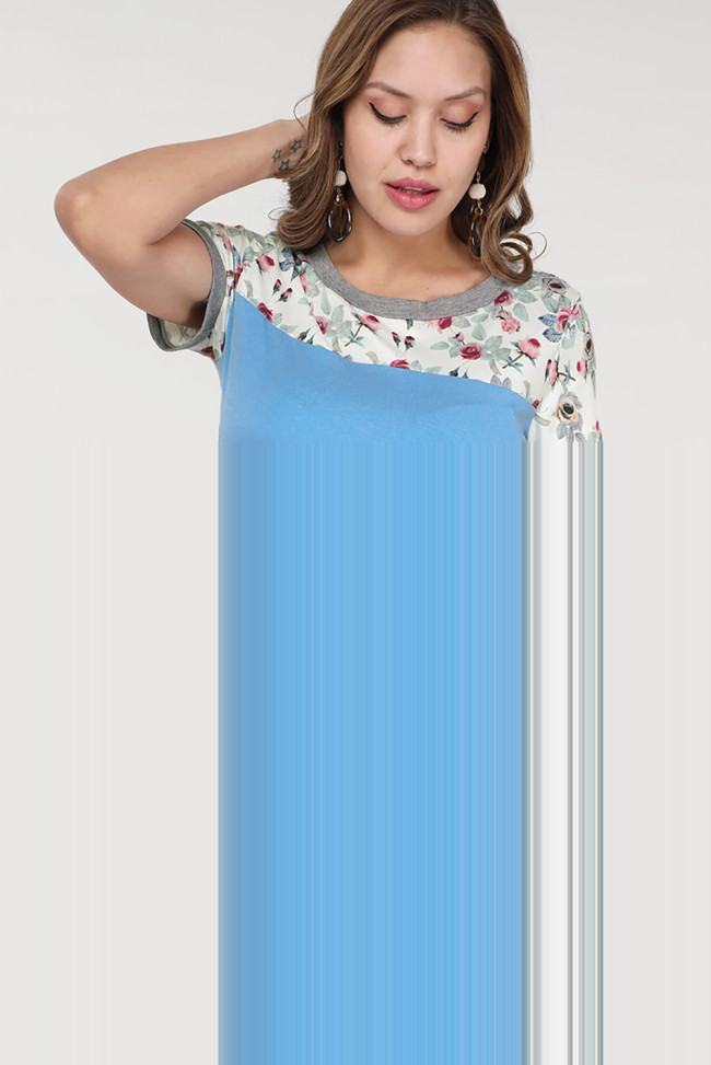 Floral Print Blue Gray Colorblock T-shirt