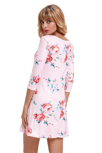 Pink Fence Neck Floral Print T Shirt Dress