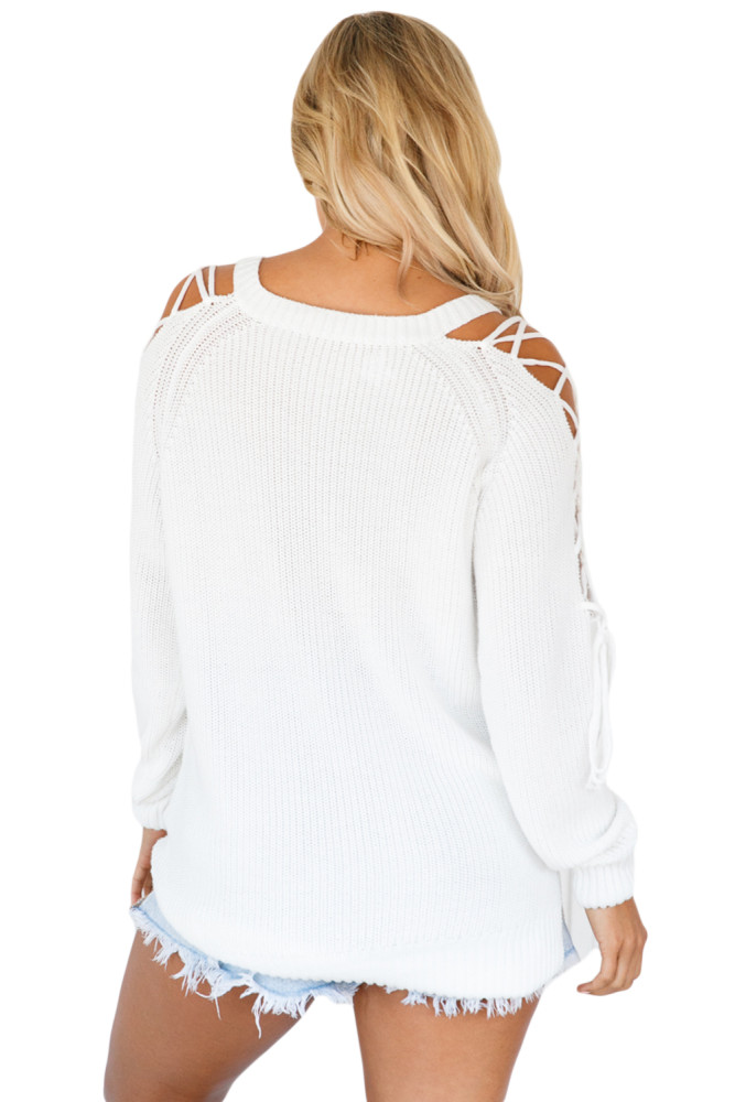 White Lace up Shoulder Loose Fit Sweater Top
