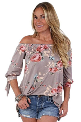 Khaki Floral Elastic Off Shoulder Top
