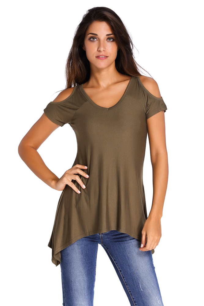 Army Green V Neck Cold Shoulder Swing Top
