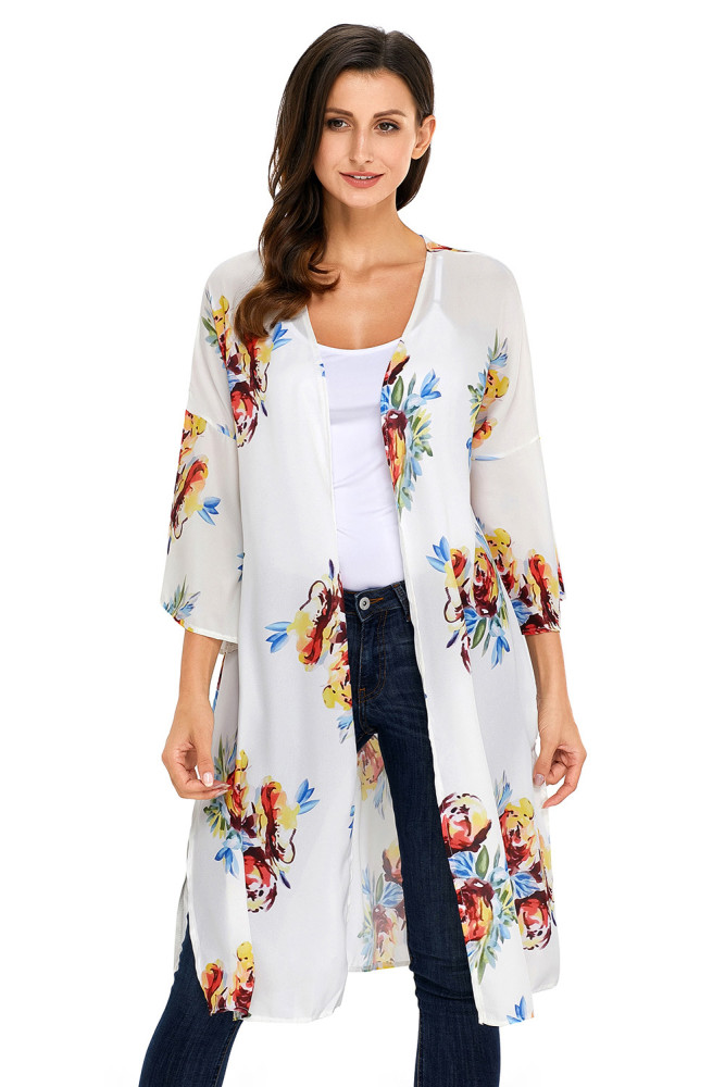 Ivory Floral Side Slit Boho Kimono