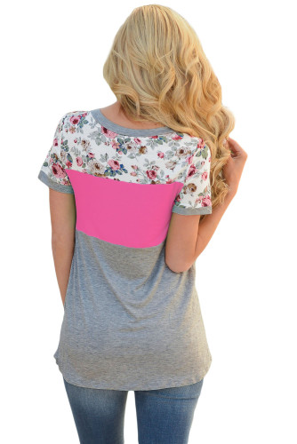 Floral Print Rosy Gray Colorblock T-shirt